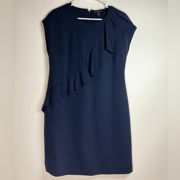NWT BANANA REPUBLIC Crew Neck Asymmetrical Ruffle Navy Sheath Dress Lined Sz 8P - Picture 6 of 15
